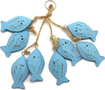 8 Peces Madera Tallada Cuerda Yute Estilo Mediterráneo Azul