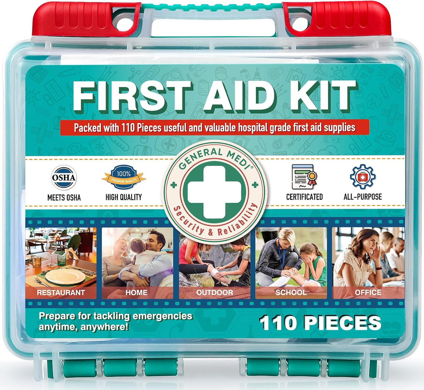 Kit primeros auxilios 110 pzas caja rígida para viaje hogar