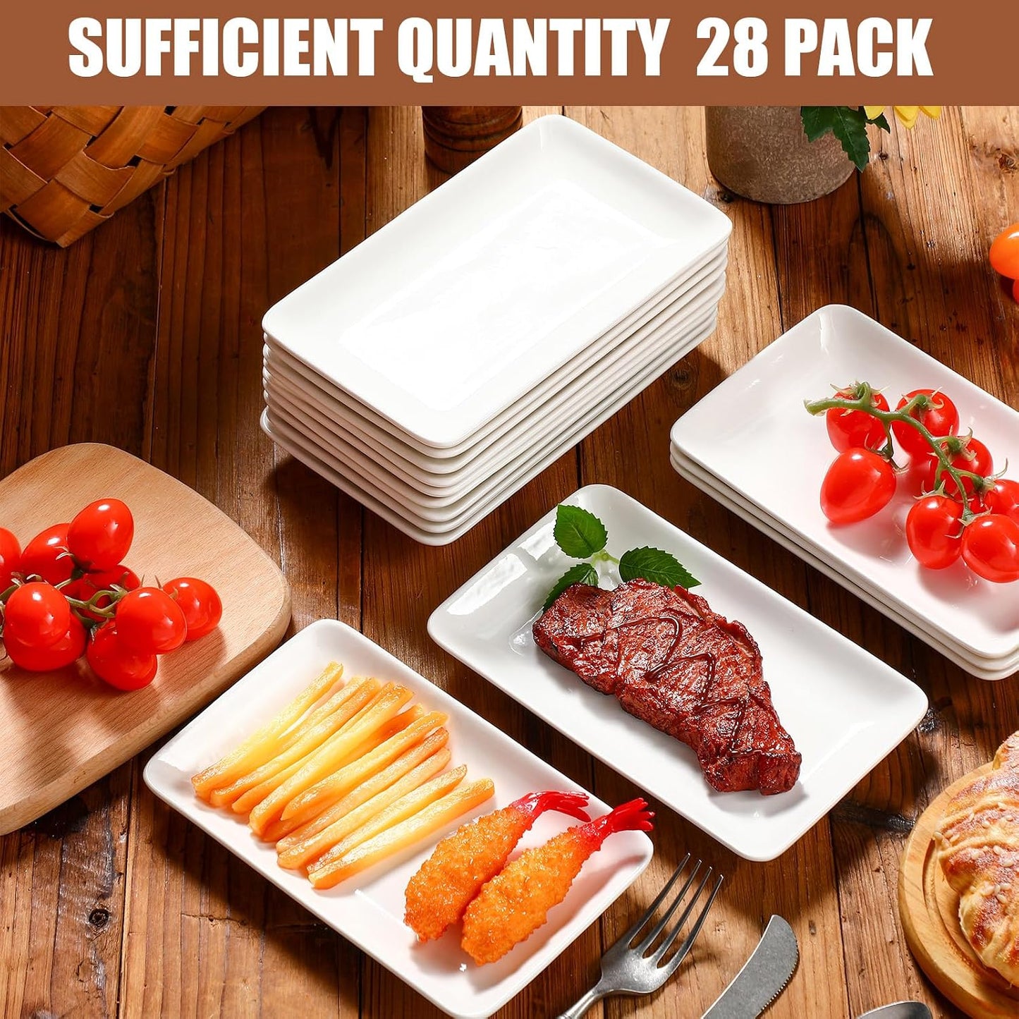 28 Pzas Platos Ensalada 8pulg Porcelana Rectangular Blanco
