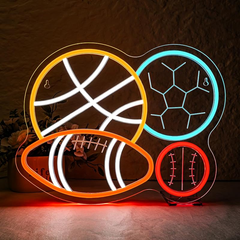 Letrero neón deportivo con bolas fútbol baloncesto béisbol