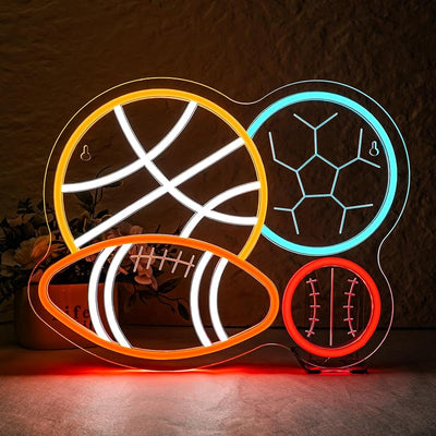 Letrero neón deportivo con bolas fútbol baloncesto béisbol