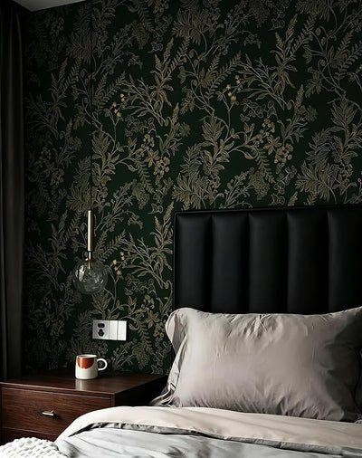 Papel tapiz floral verde oscuro y dorado autoadhesivo
