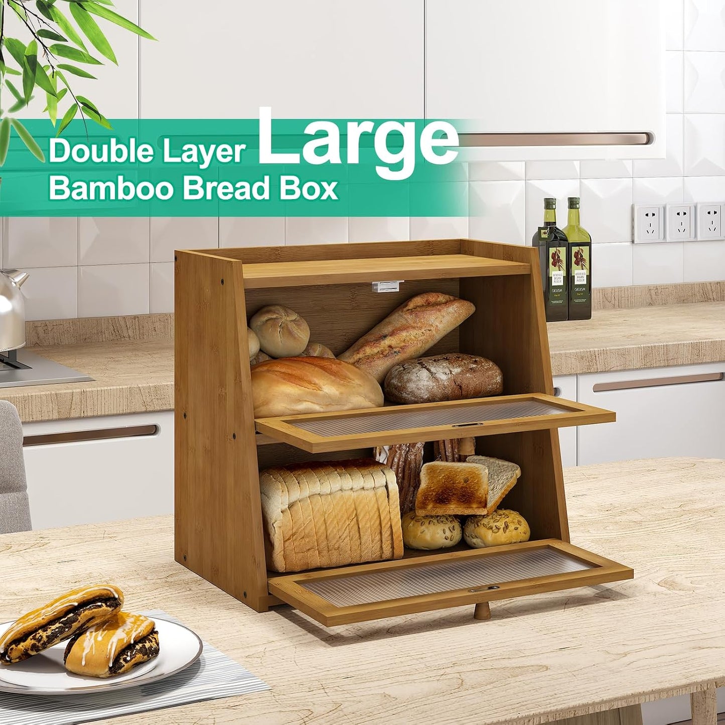 Caja pan encimera cocina bambú doble capa puerta
