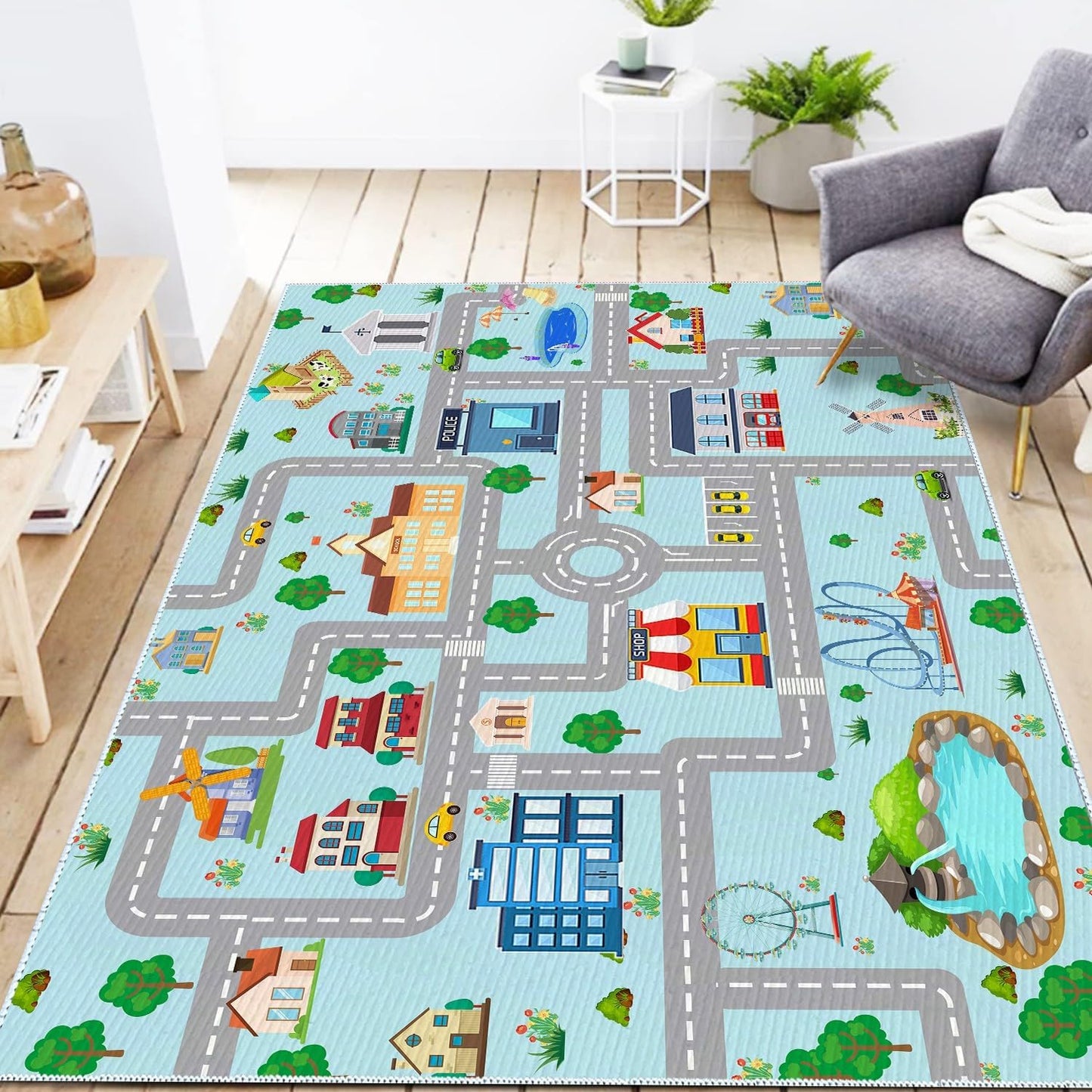 Alfombra coche niños 2'7"x4' antiderrap pista carreras