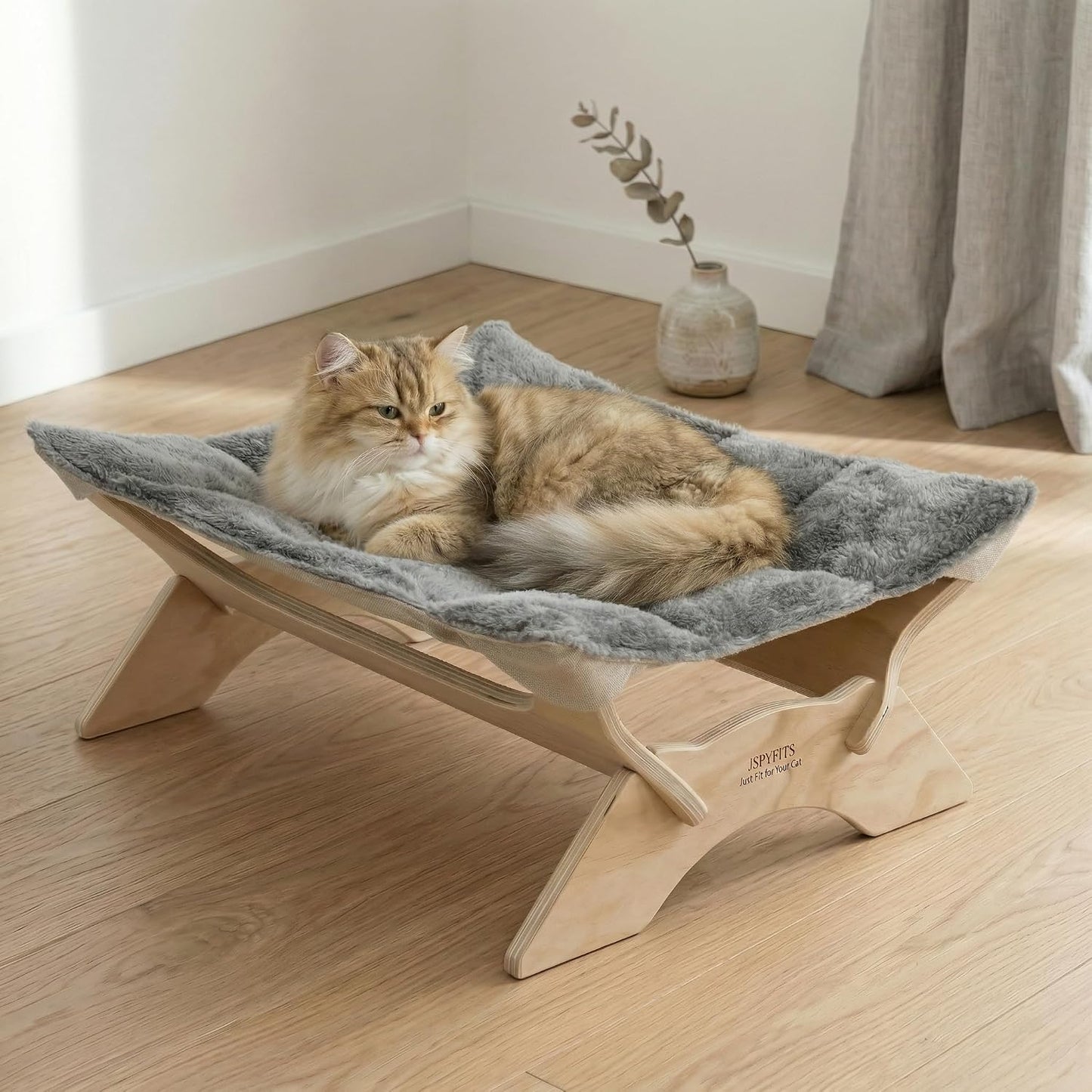 Hamaca elevada para gatos y perros con cojín felpa lino gris