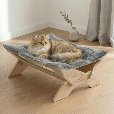 Hamaca elevada para gatos y perros con cojín felpa lino gris