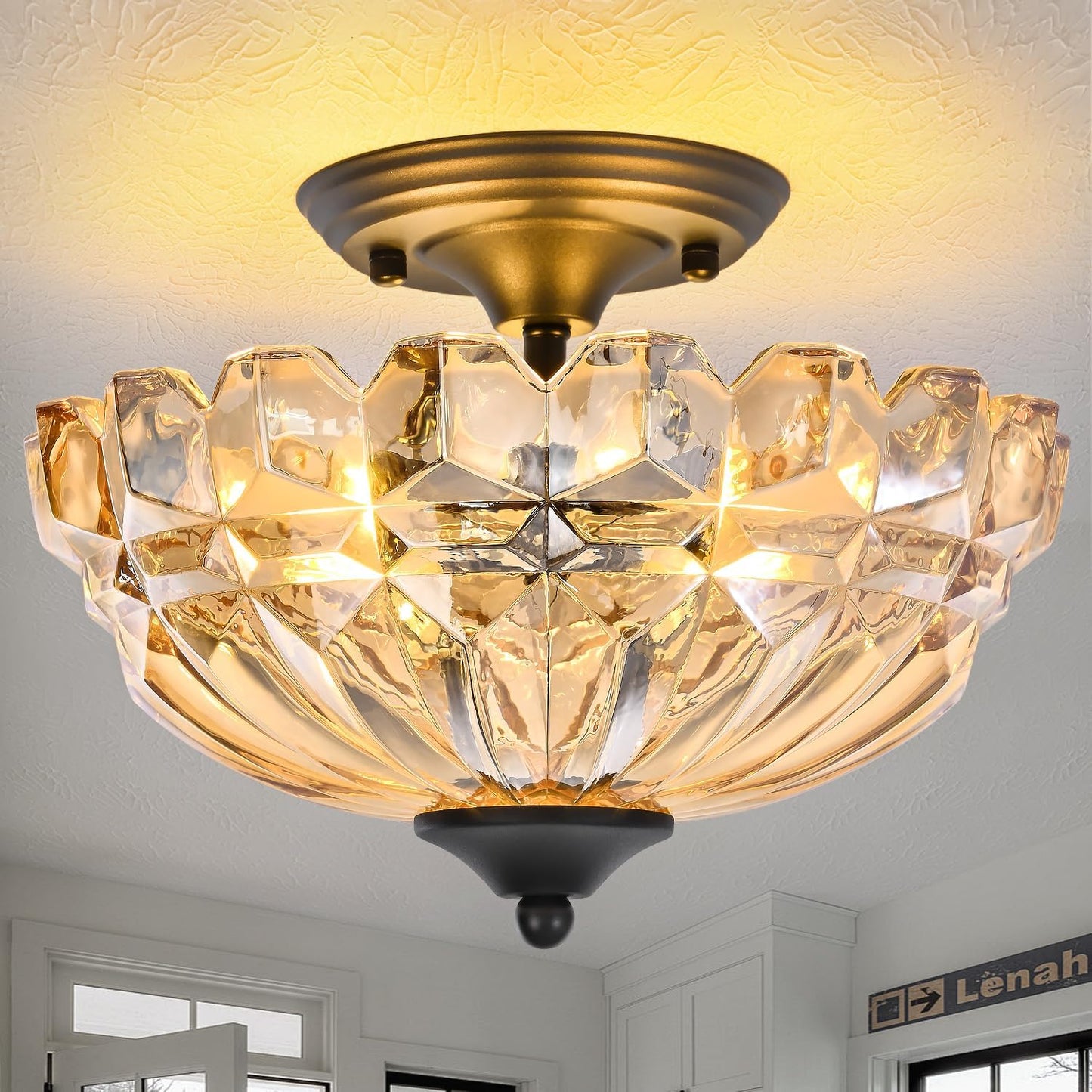 Lámpara techo 3 luces vidrio ámbar candelabro dorado