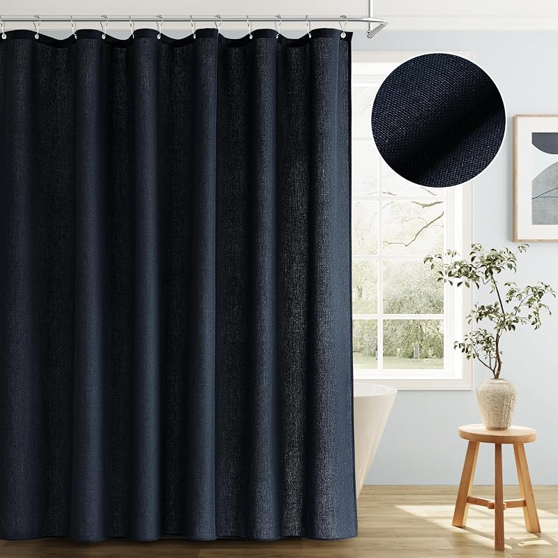 Cortina ducha lino estilo bohemio azul marino con ganchos