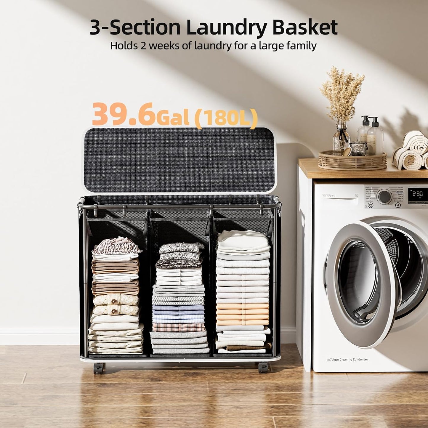 Cesta lavandería 180L con 3 bolsas ruedas negro