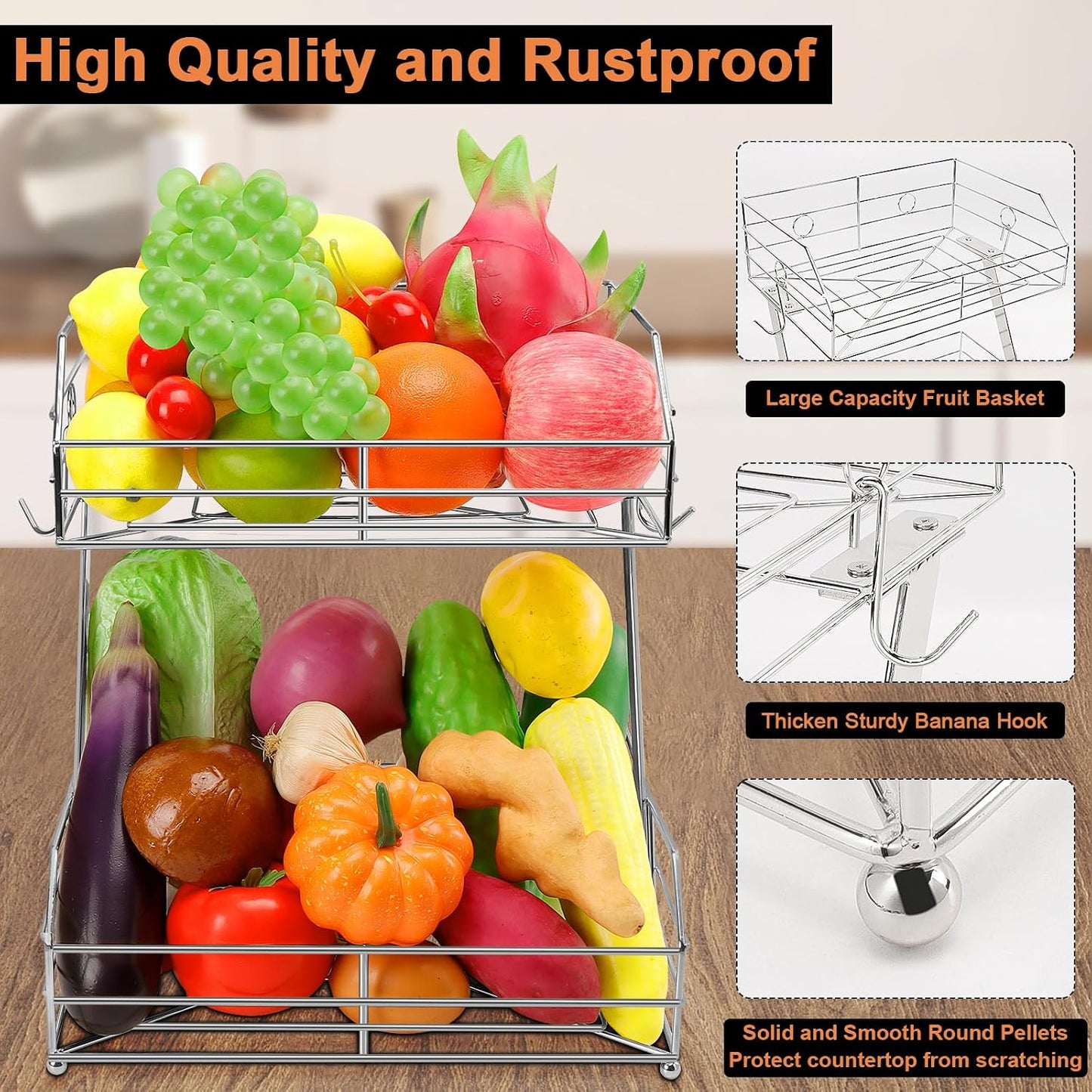 Cesta frutas metal con ganchos para plátanos encimera