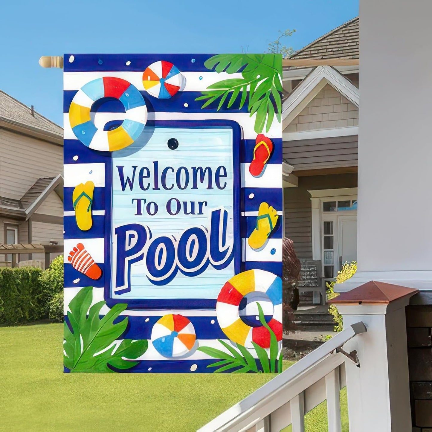 Bandera jardín doble cara 12x18pulg welcome pool verano