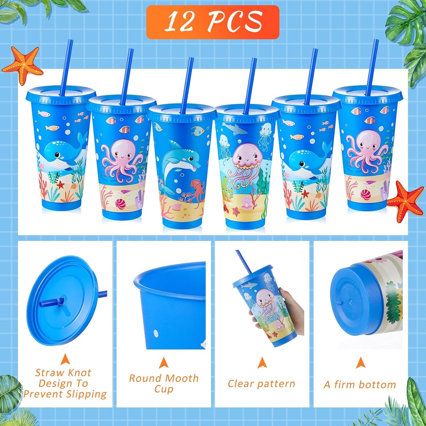 12 Pzas Vasos Bajo el Mar 24oz Reutilizables