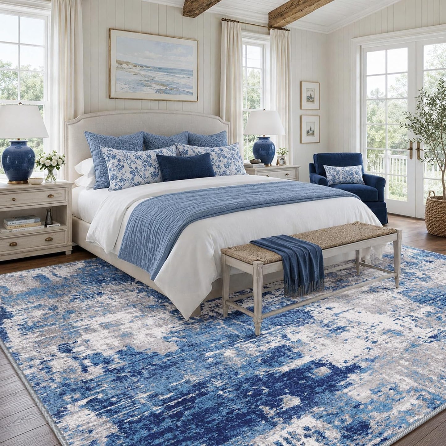 Tapete antiderrap lavable sala dormitorio azul gris