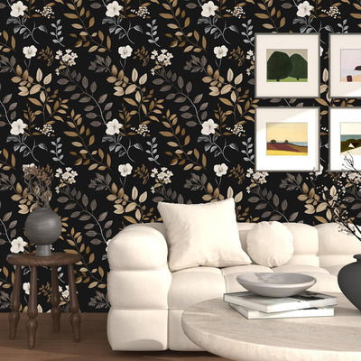 Papel tapiz floral negro autoadhesivo para dormitorio y cocina