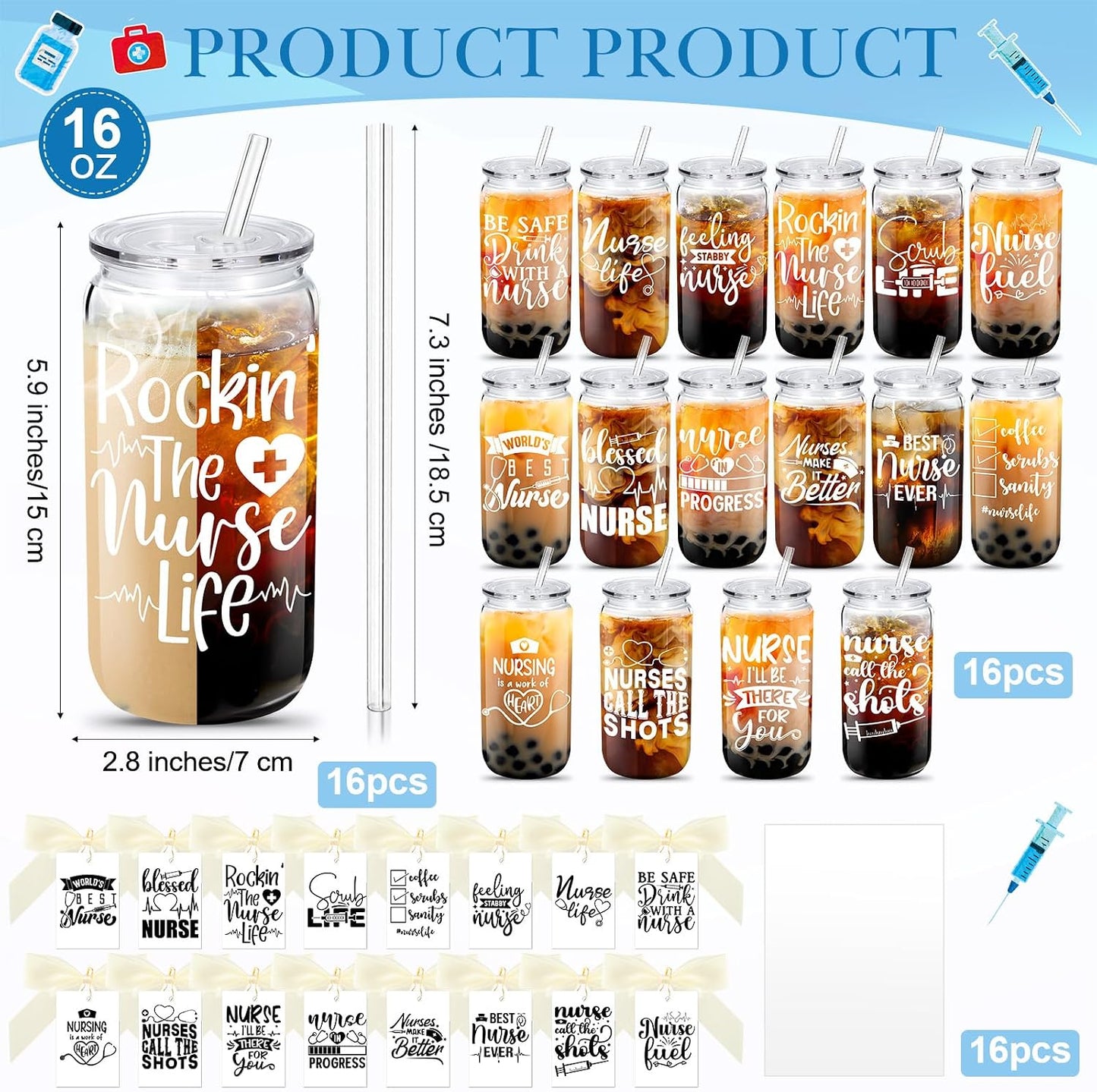 Set 16 regalos enfermera con vasos 16oz, pajitas y tarjetas
