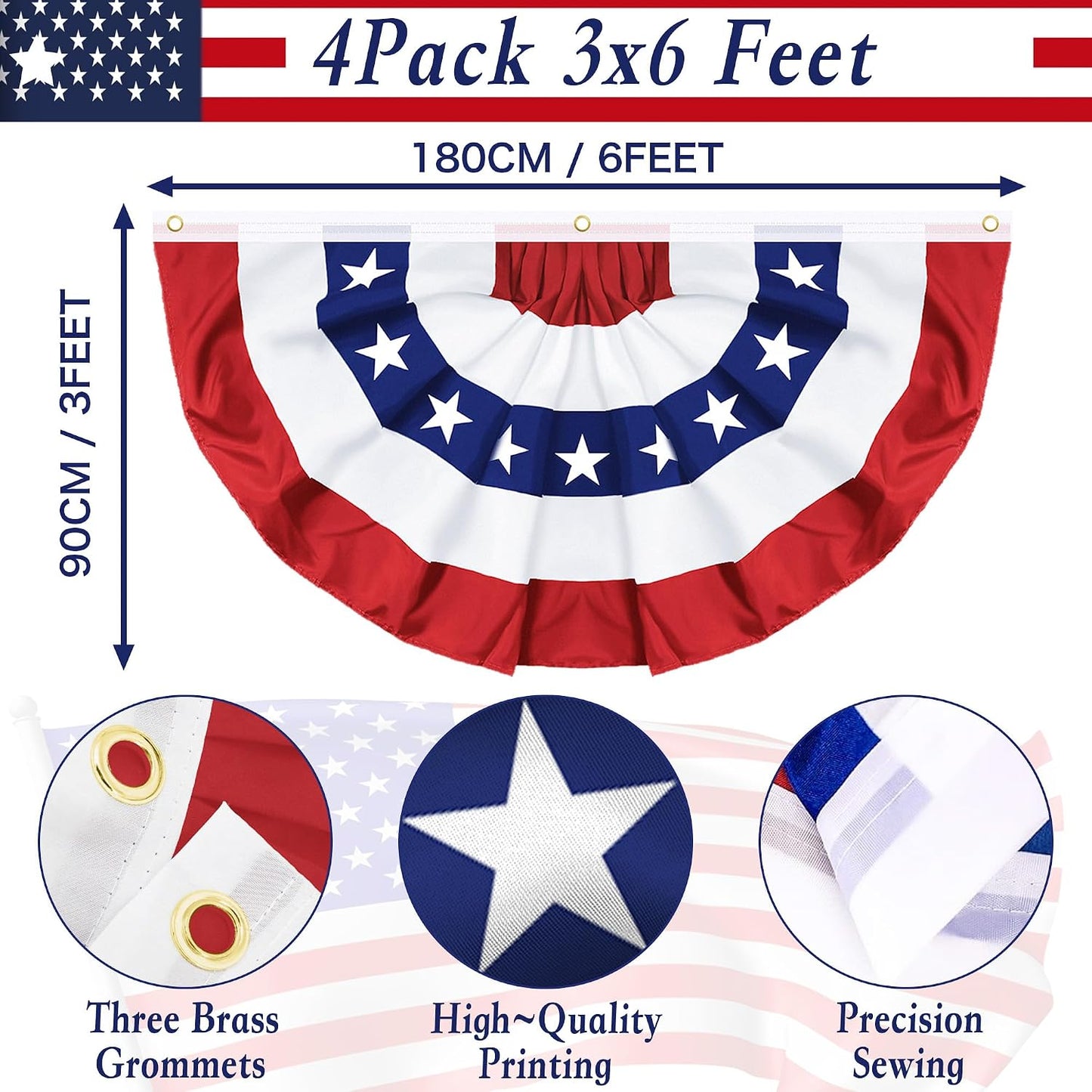 6 Banderas Americanas Plisadas 3x6ft Decoración 4 de Julio