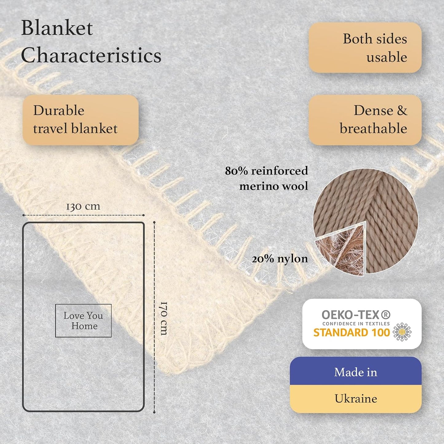 Manta reversible lana merino 51x67" viajes gris mostaza
