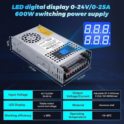 Fuente CC ajustable 0-24V 600W con pantalla LED