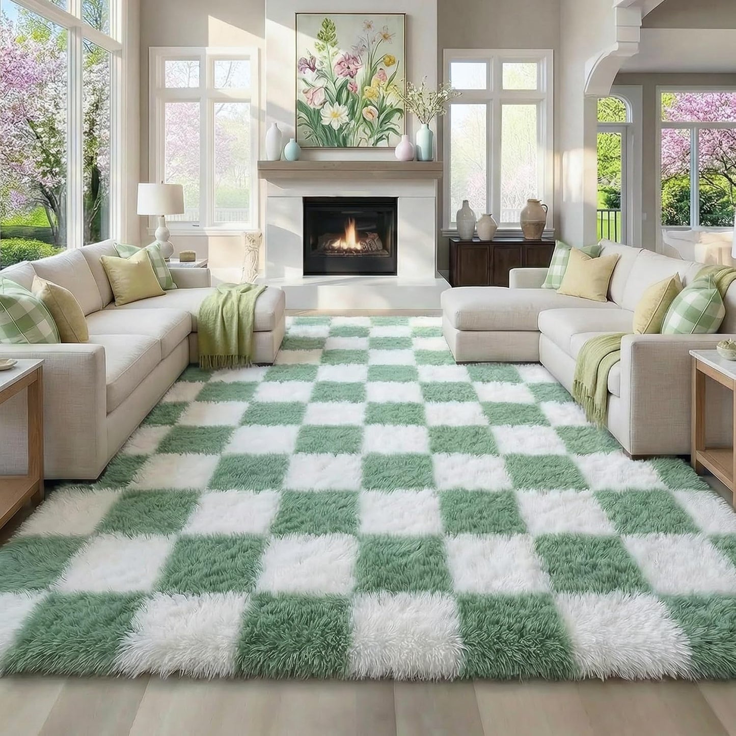 Tapete cuadros peludo color verde salvia 5x8ft sala