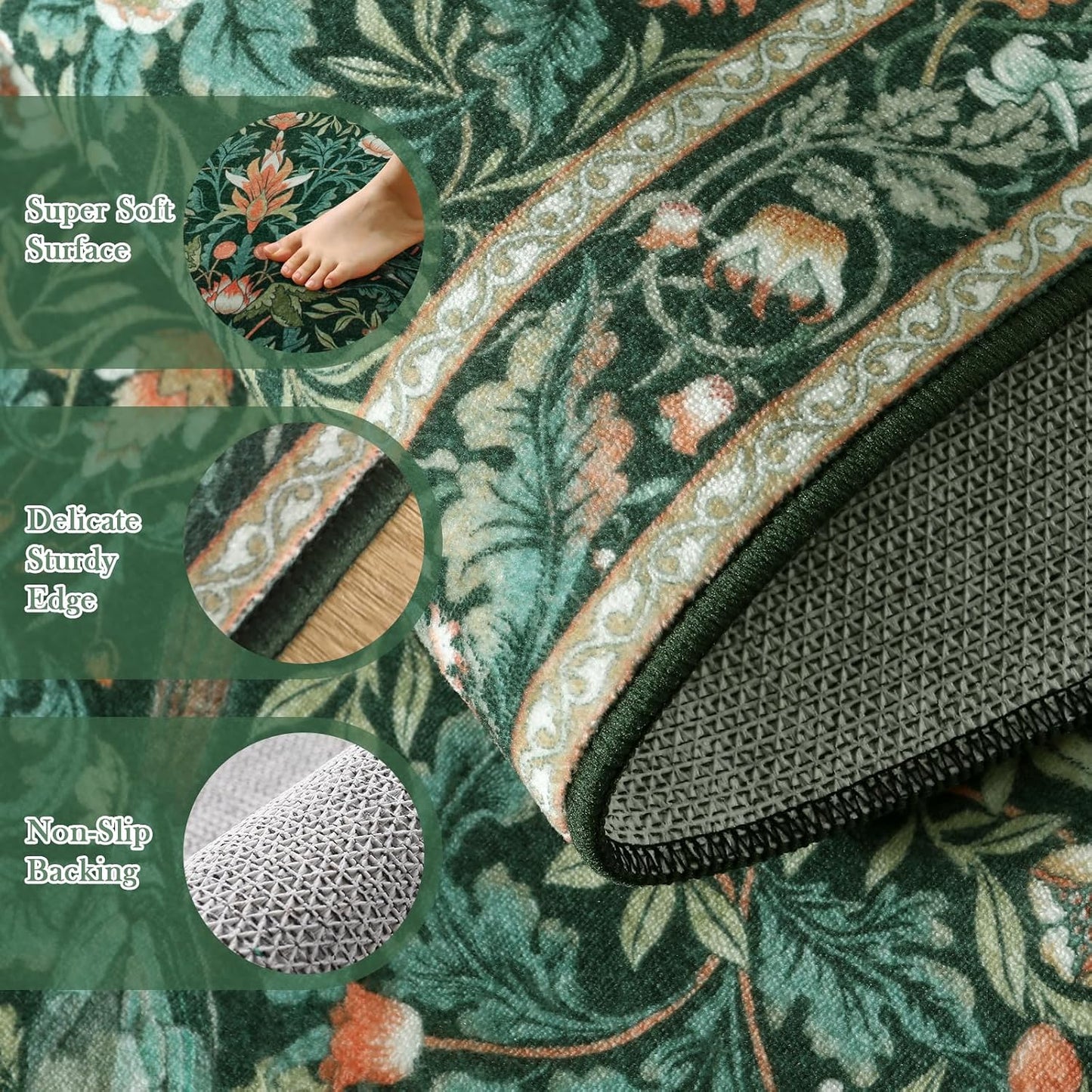 Tapete bohemio antiderrap 2x6ft baño pasillo verde oscuro