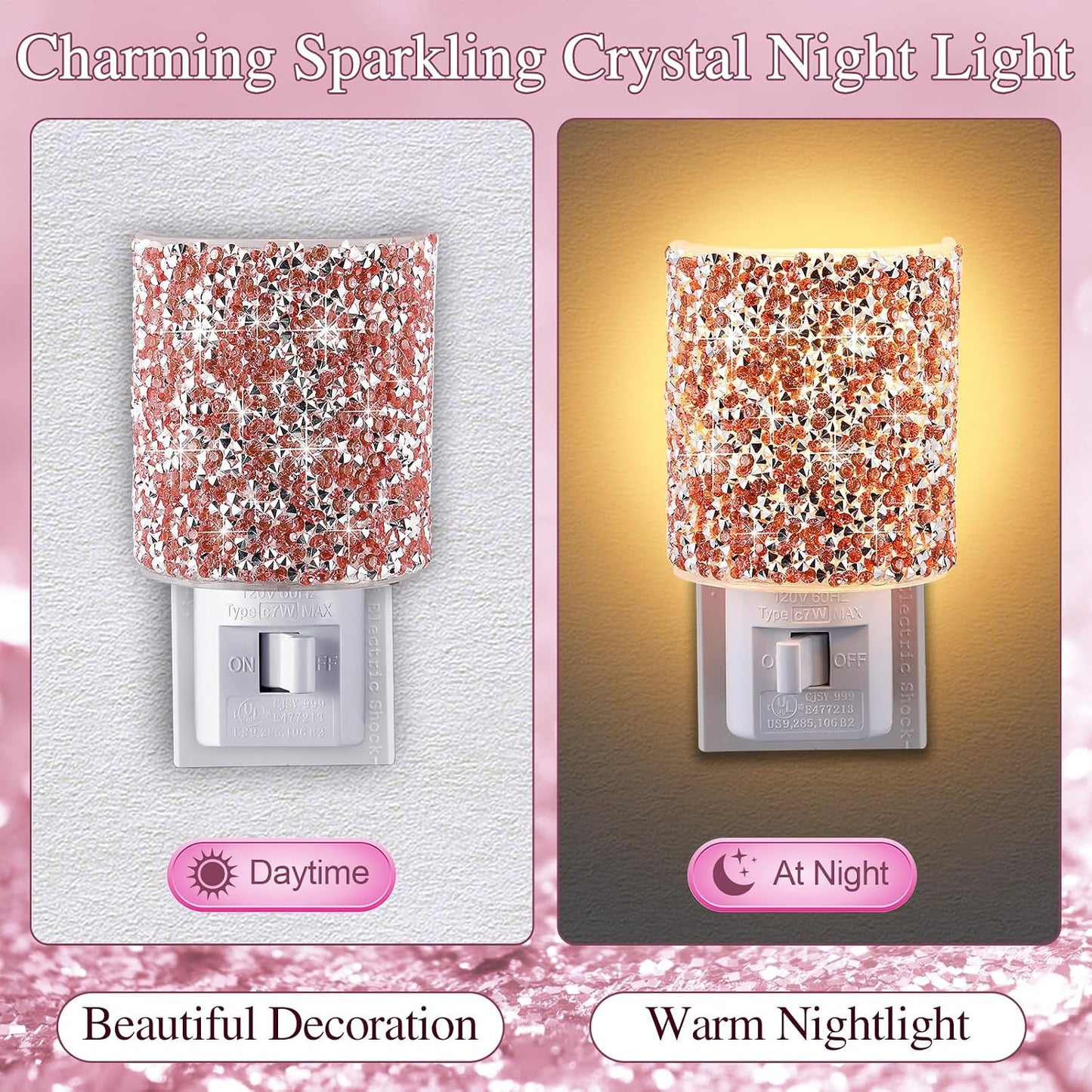 Luz nocturna LED enchufable cristal con interruptor 360 grados rosa