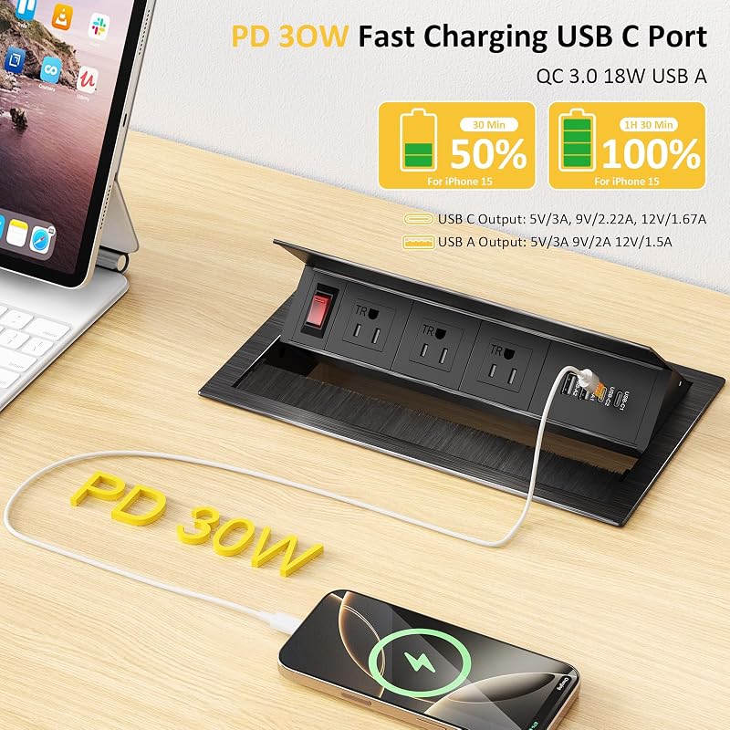 Toma corriente mesa conferencias con USB C 30W y 3 salidas