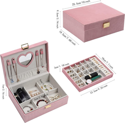 Caja organizadora joyería terciopelo 2 capas rosa