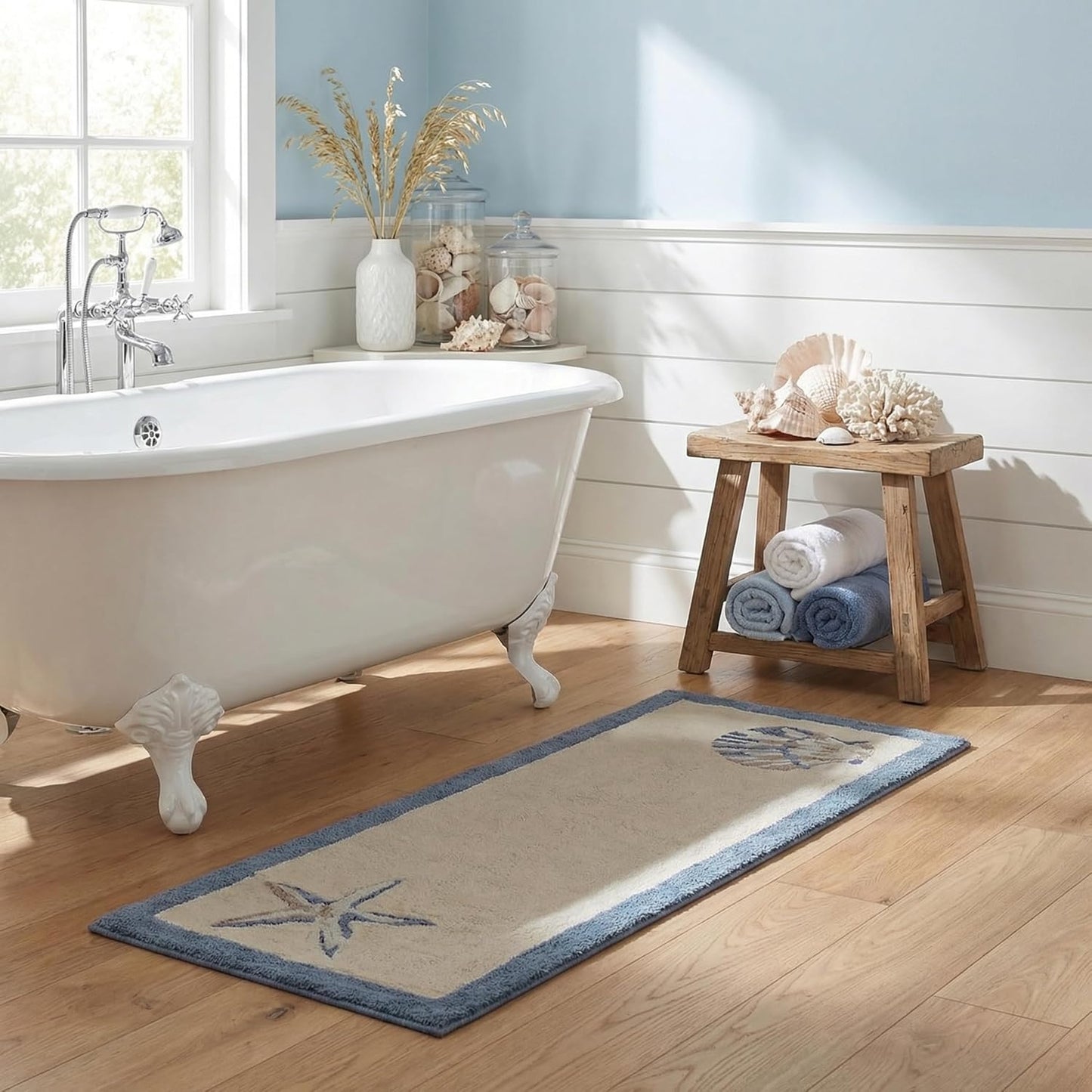 Alfombra baño algodón antiderrap conchas marinas 24x60"