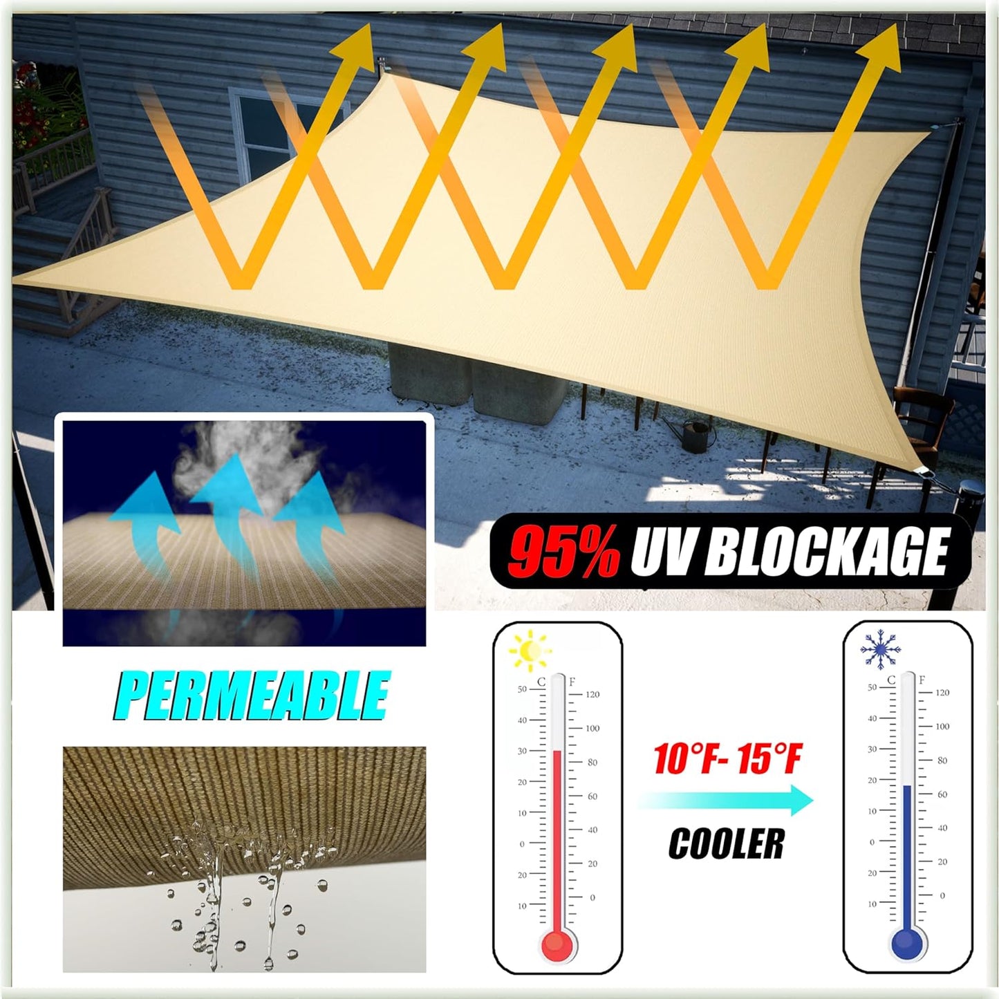 Toldo triangular beige 10x10ft UPF50 permeable agua aire