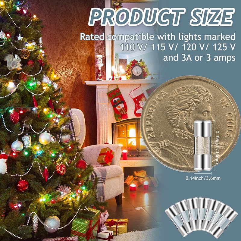 40 Mini Fusibles Vidrio 3A 125V Navidad Exteriores 0.39x0.14pulg