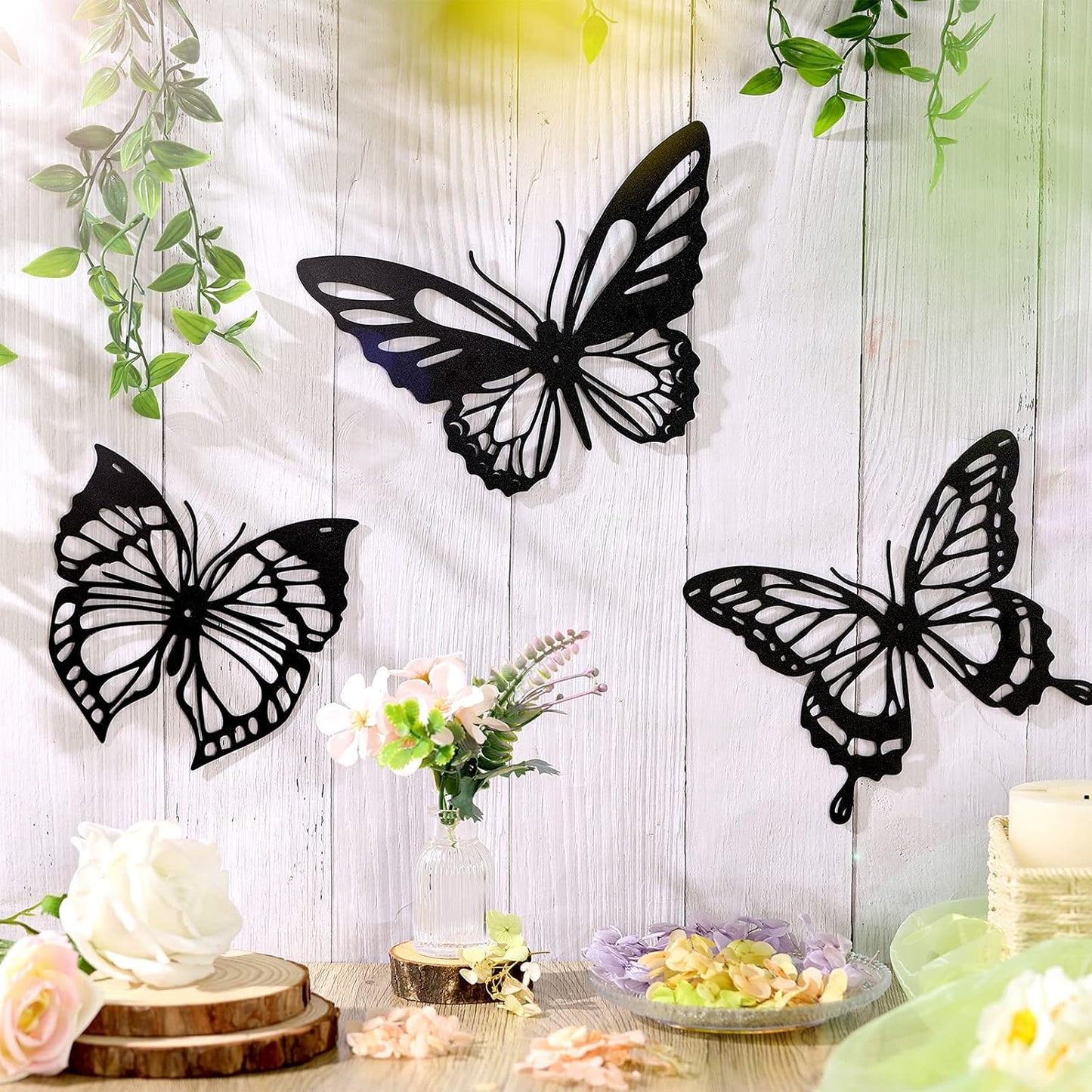 3 Pzas Decoración Pared Metal Mariposa Colibrí Negro