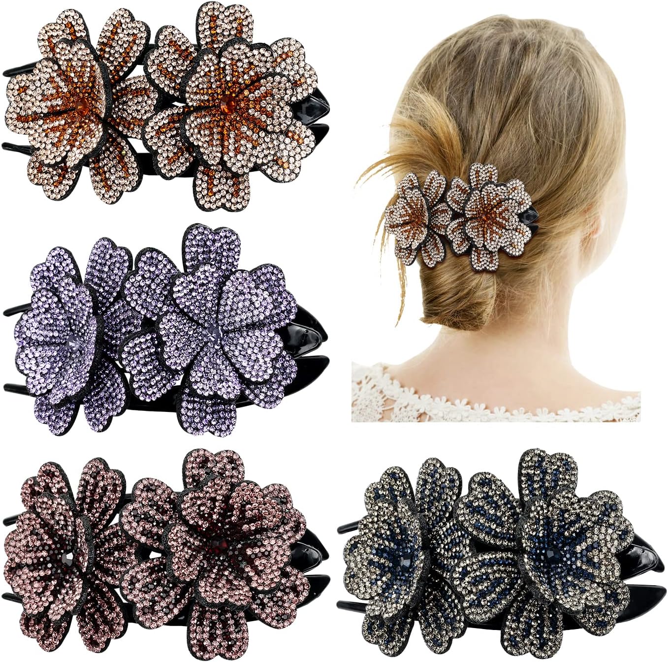 4 Gemas Decorativas con Purpurina Cristal Doble Flor para Cabello