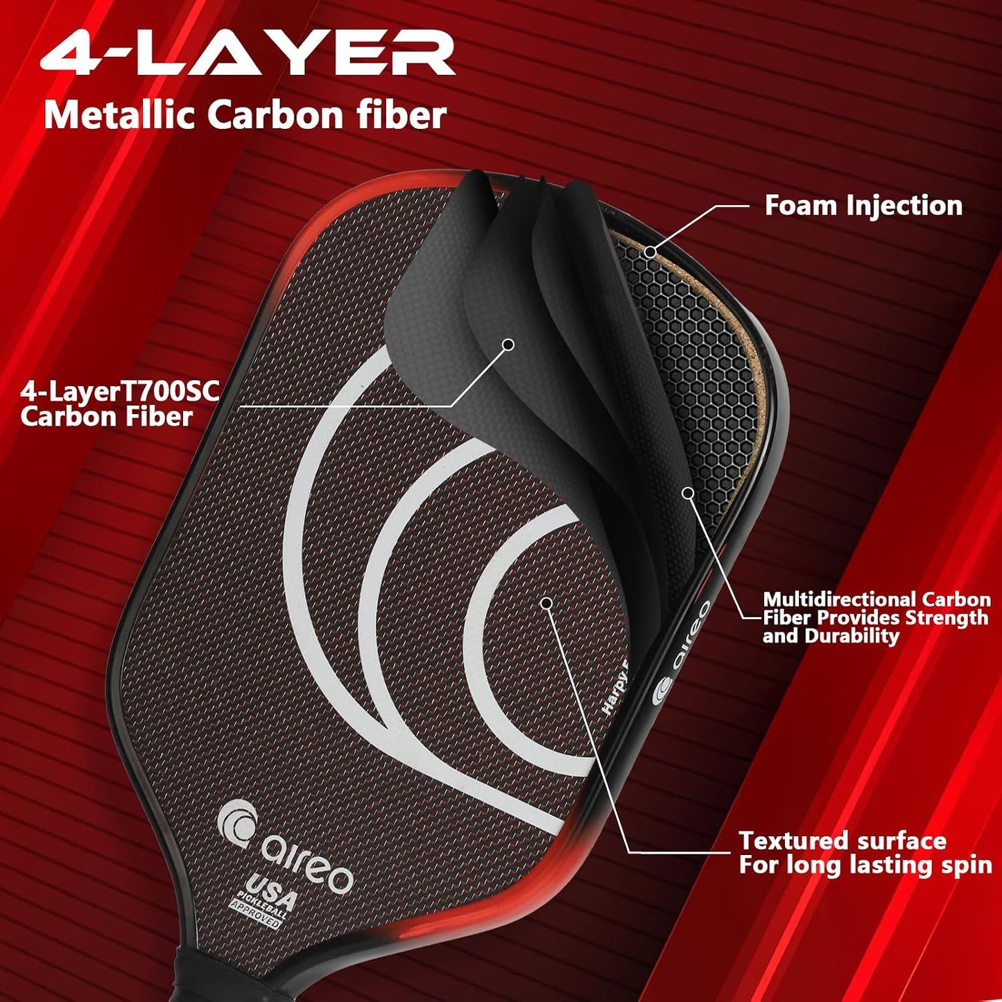Paleta Pickleball Fibra Carbono 0.63pulg Alargada Ancha