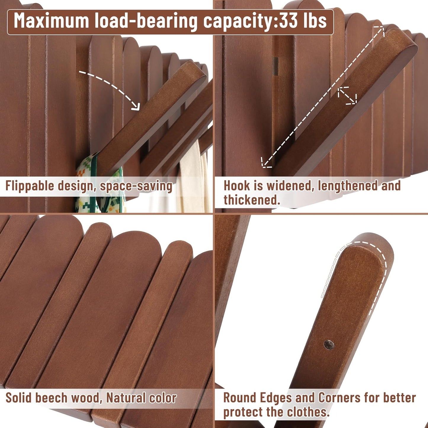 Perchero pared madera 8 ganchos 54.9cm extensible