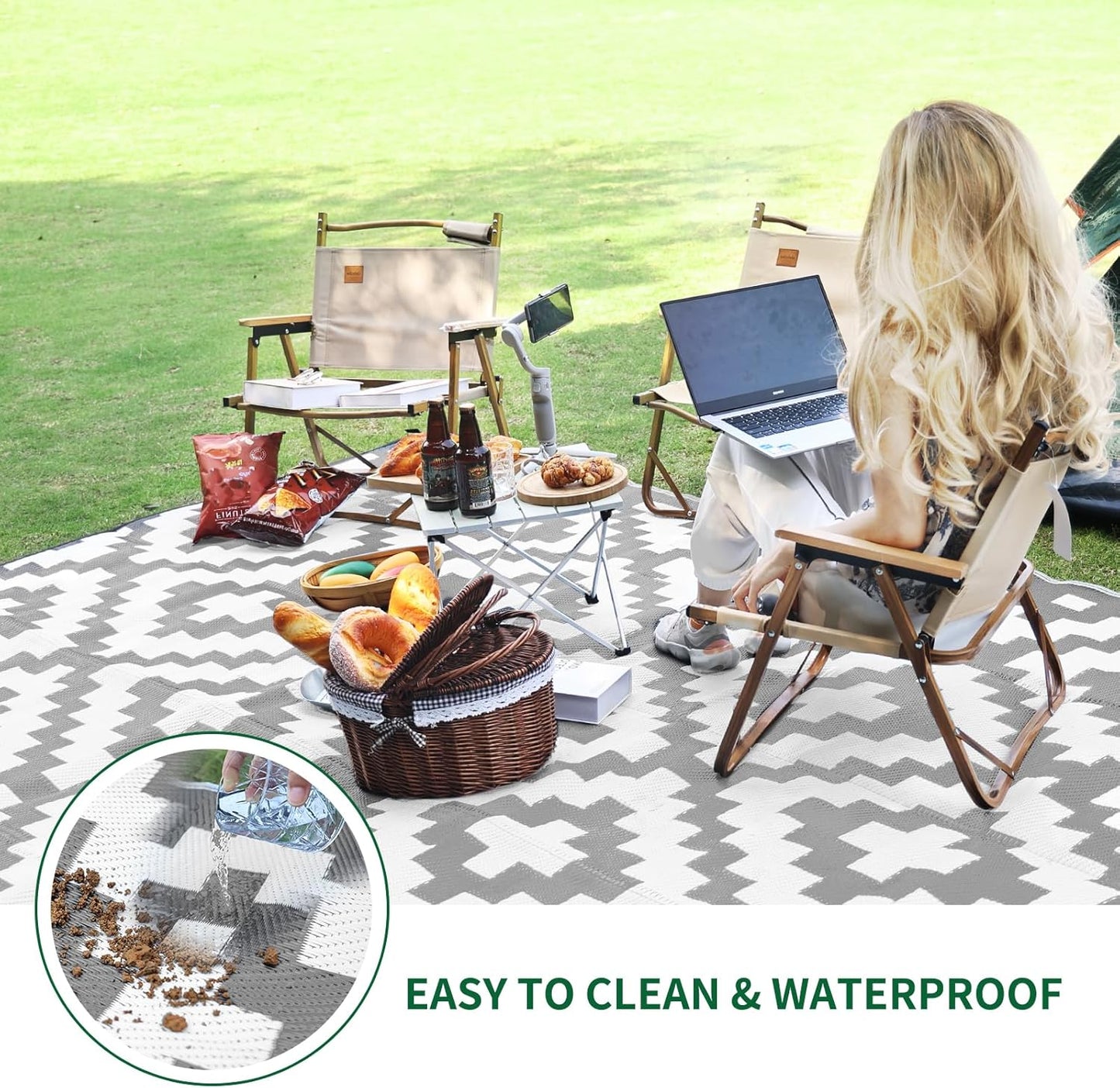Alfombra reversible patio 9x18ft gris y blanco impermeable