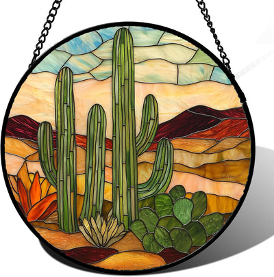 Atrapasoles vidrio manchado cactus verde decoración hogar