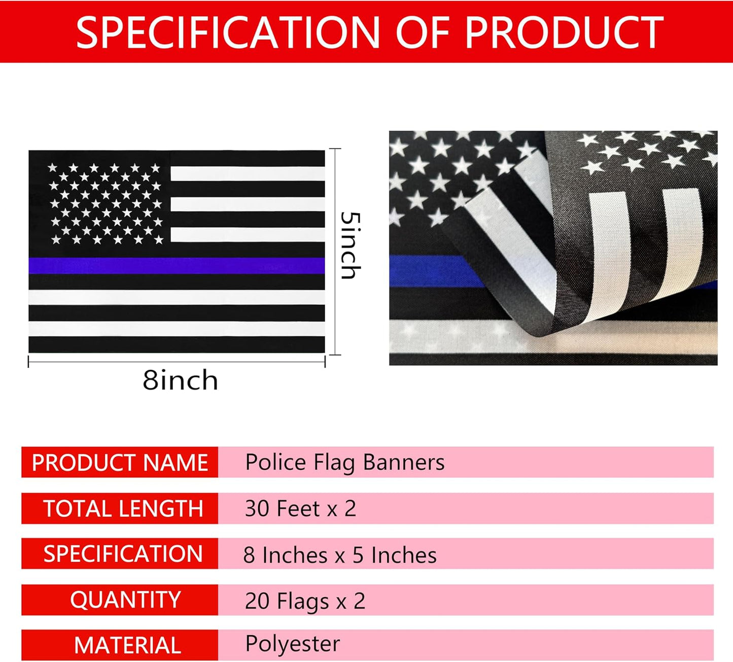 2 Banderas Policía Cadena Blue Lives Matter 60ft