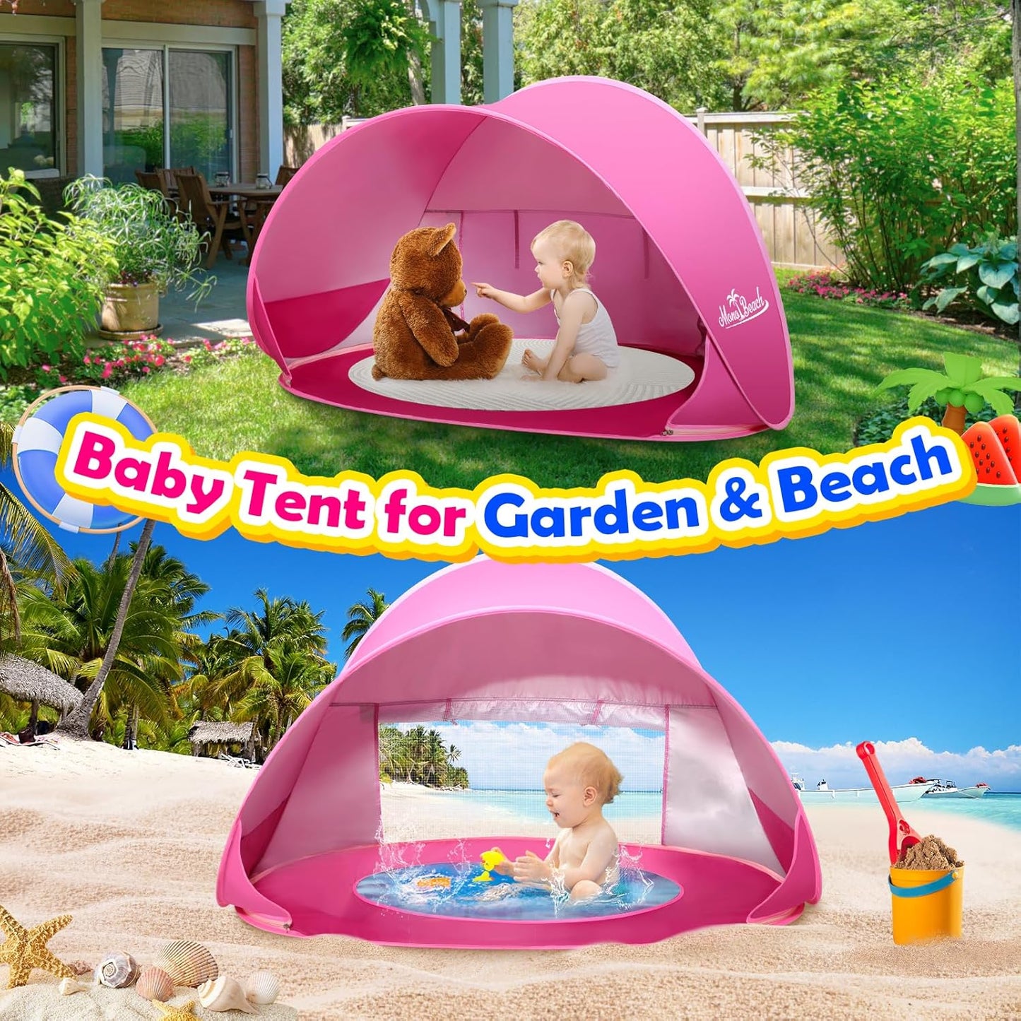 Tienda playa bebé UPF50 toldo fácil instalar rosa
