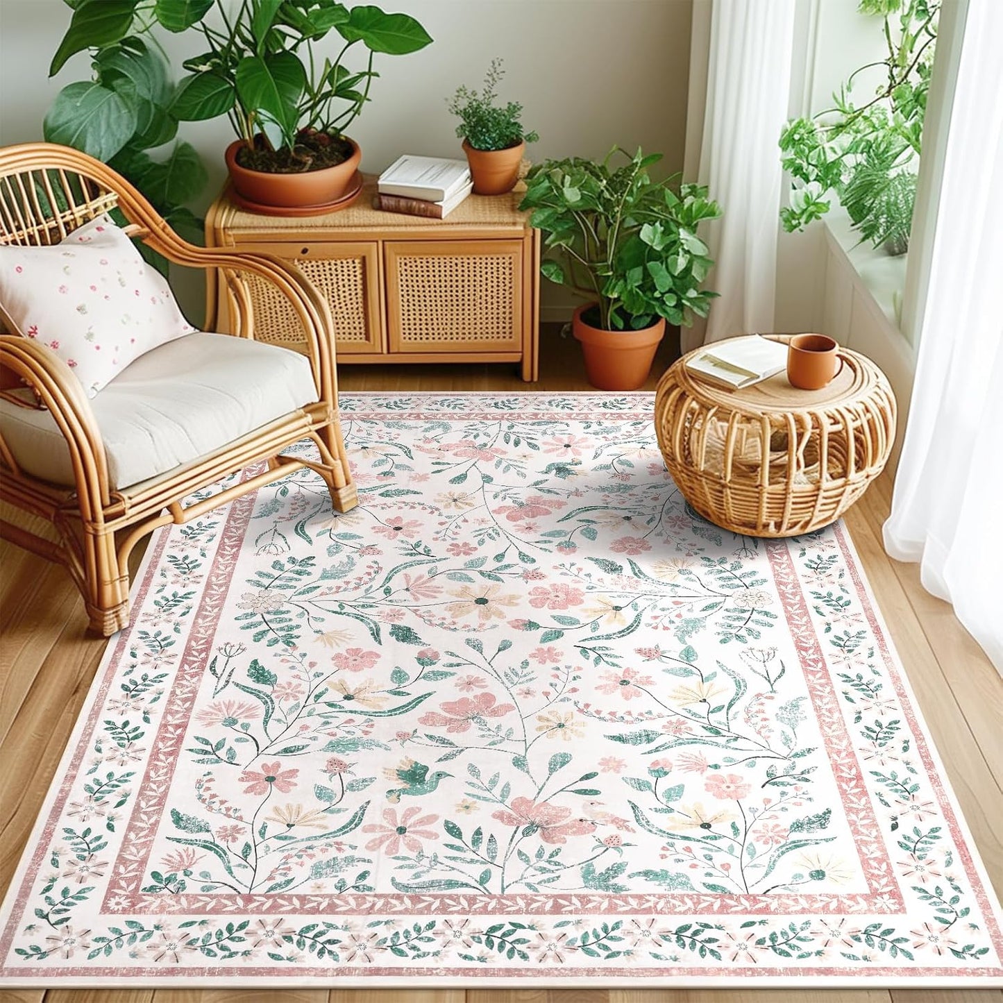 Alfombra bohemia 4x6ft sala dormitorio antiderrap suave rosa