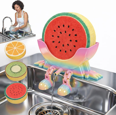 Soporte para esponjas divertido con 3 esponjas de frutas, estante 3D con drenaje y organizador de encimera