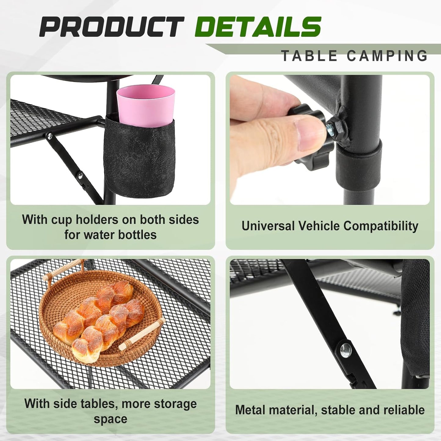 Mesa plegable neumáticos campamento con 2 portavasos