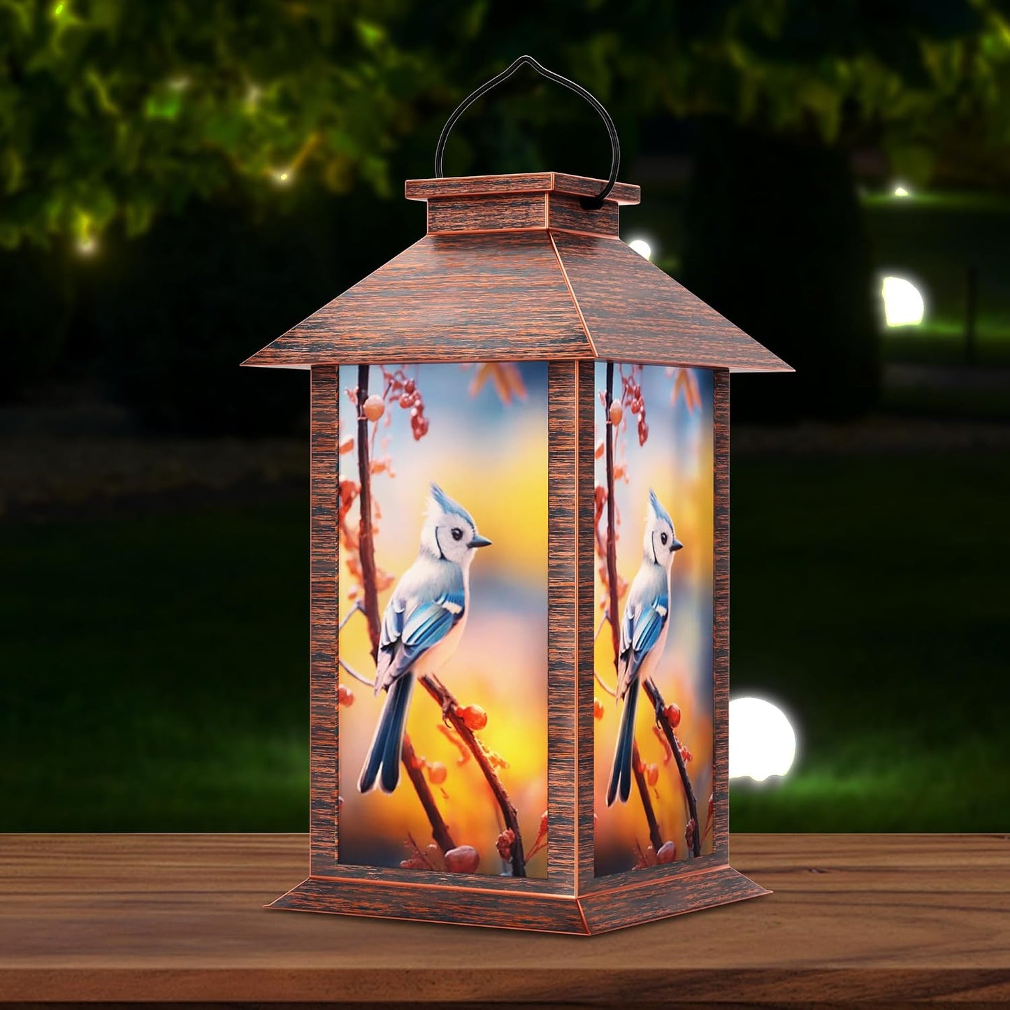 Farol solar colgante jardín velas LED azul