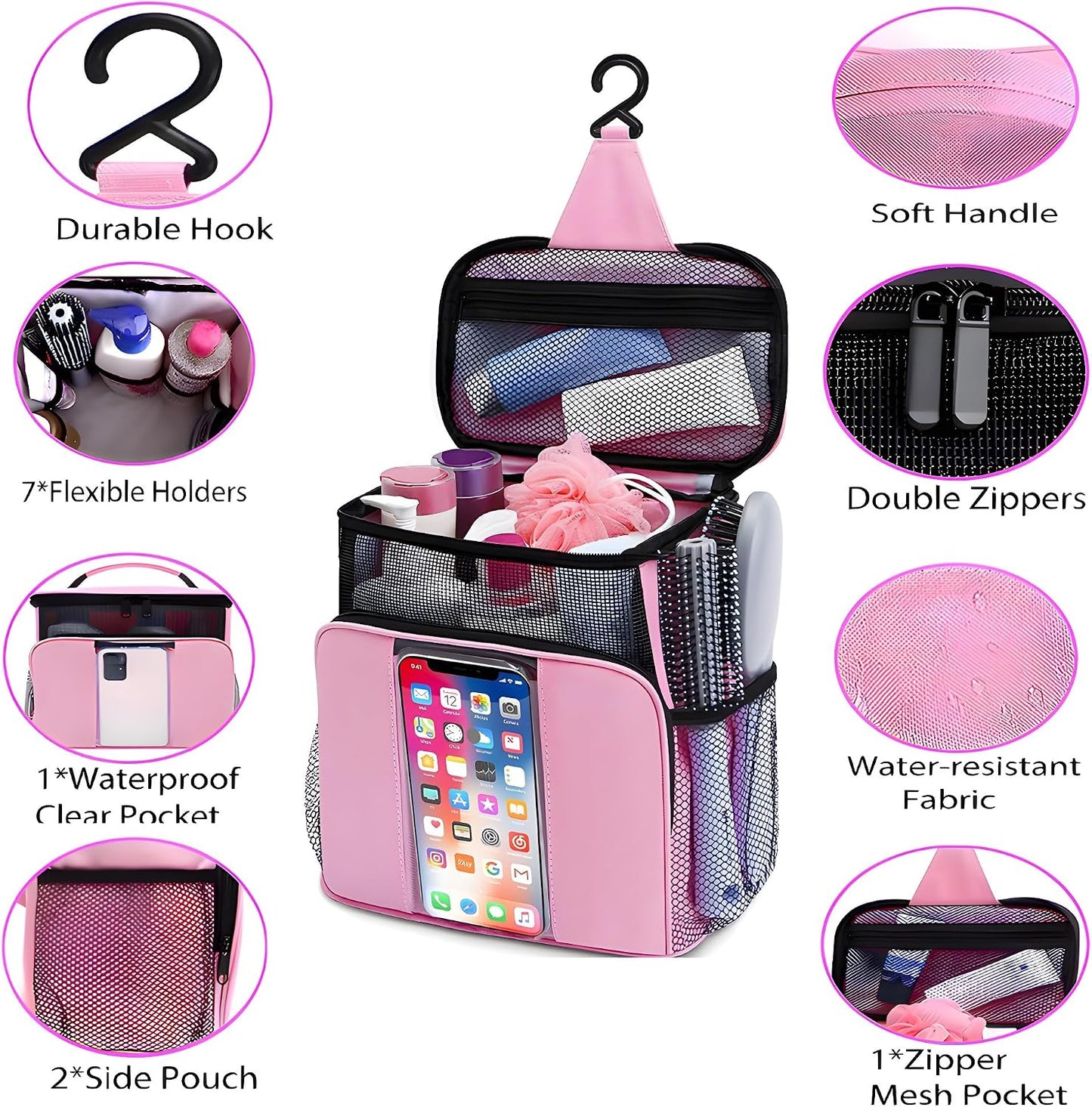 Organizador ducha rosa para niñas malla bolsa aseo