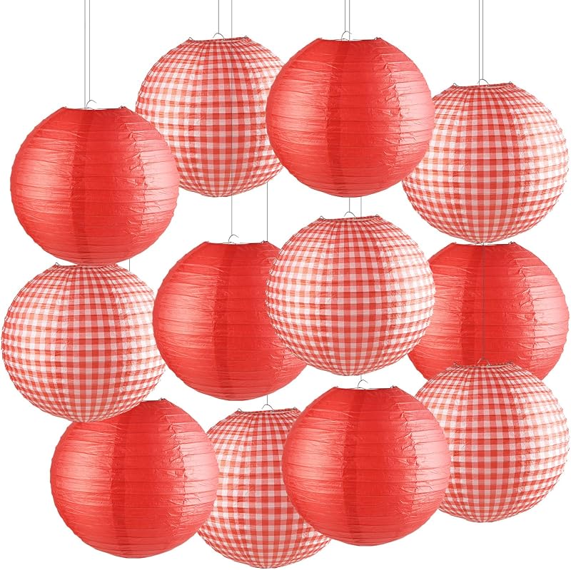 12 Pzas Decoración Picnic 6 Linternas Papel Rojo Chino 6 Cuadros Gancho