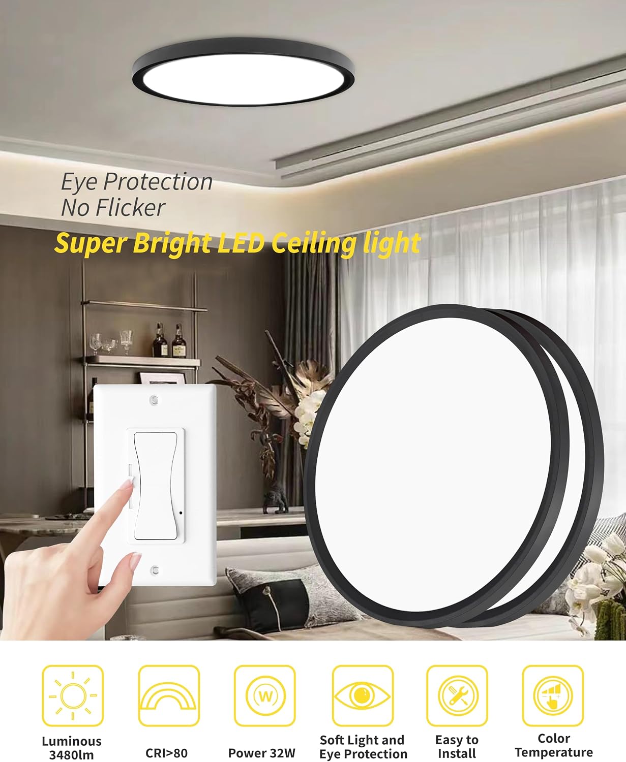 2 Pack Lámpara LED Techo Regulable 16pulg Negro Pasillo Cocina