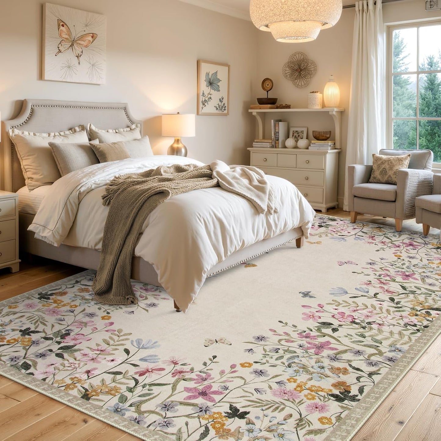 Alfombra bohemia floral lavable 9x12pulg dormitorio sala