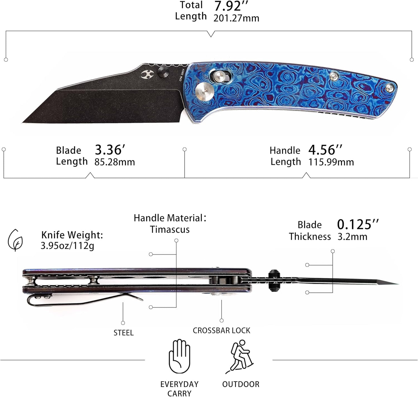 Cuchillo bolsillo EDC hoja 8.53cm mango Timascus bloqueo
