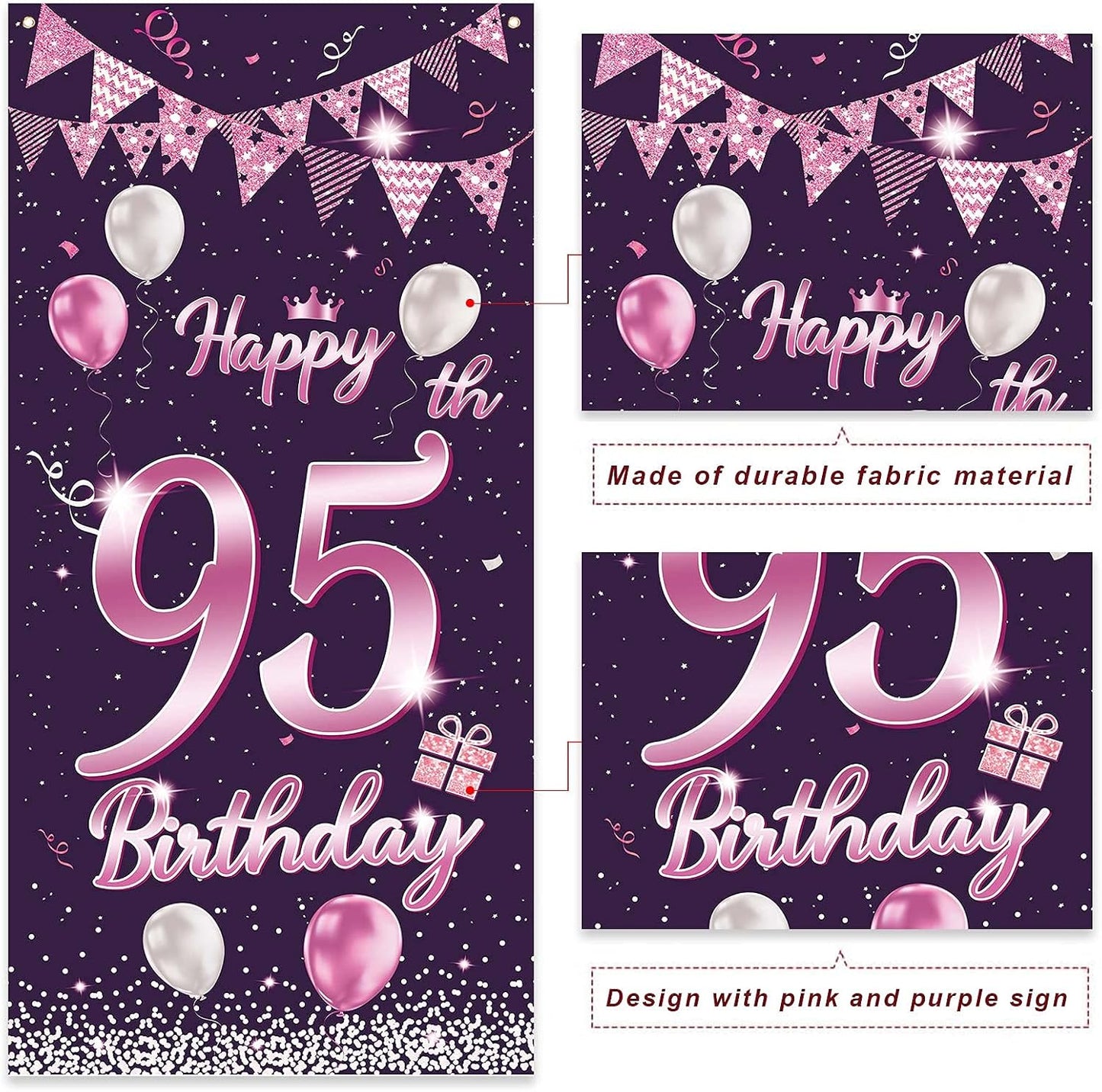 Cartel feliz cumpleaños 95 años rosa morada decoración puerta