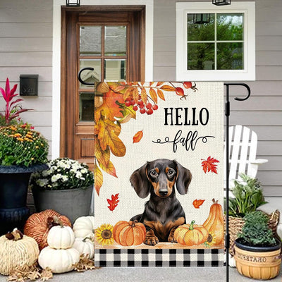 Bandera jardín perro salchicha hello fall 12x18pulg doble cara