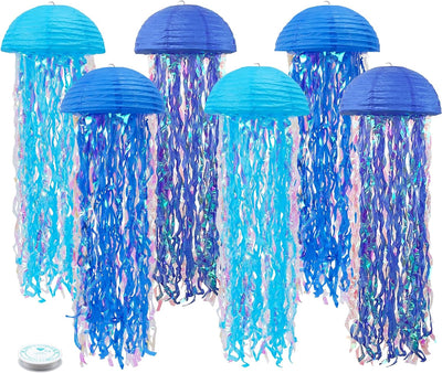 Paquete 6 Faroles Medusa Decoración Sirena Bajo el Mar Azul